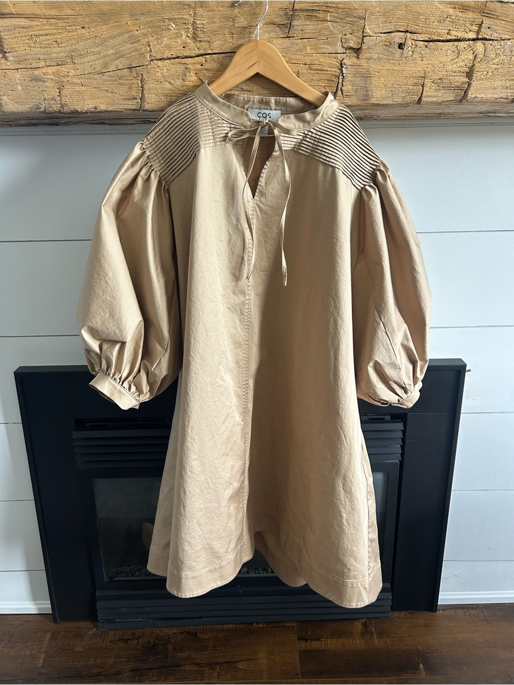 COS Beige Cotton A-Line Dress with Pintuck Yoke and Tie Neck
